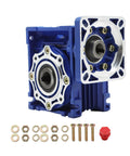 Front and side view of blue NMRV040 worm gear reducer with flange mount, exposed shaft, and included screws and washers