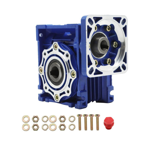 Front and side view of blue NMRV040 worm gear reducer with flange mount, exposed shaft, and included screws and washers