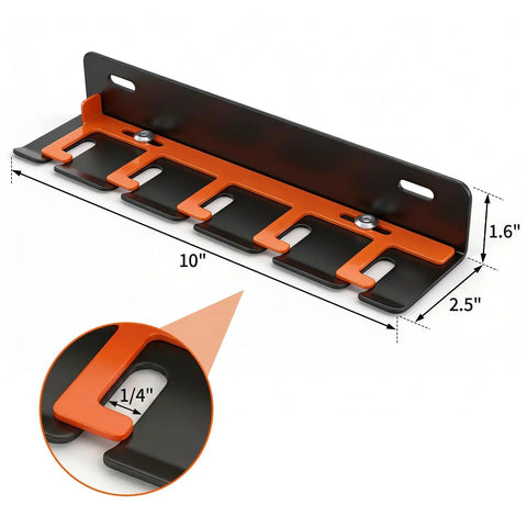 Rock Solid Wall Mount Air Tool Holder Lockable Five Slot Pneumatic Rack For Garage dimensions 10x2.5x1.6 inches with orange highlights.