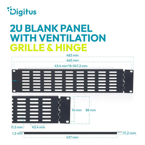 Slick 19 Inch 2U Rack Mount Blank Panel With Hinged Design And Killer Ventilation Slits For Smooth Server Cabinet Airflow dimensions illustration.