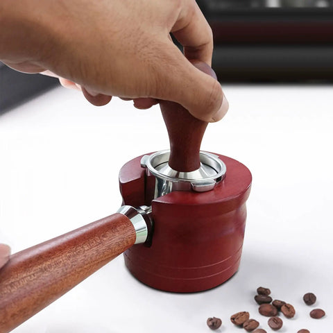 Red Solid Wood Espresso Portafilter Holder And Tamping Station Precision Slot delivering rock solid support for 58mm filters.