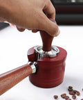 Hit The Daily Grind Right With This Solid Wood Red Portafilter Holder Stand Bottomless Tamp Base Precision Slot Tamper using 51mm filter.
