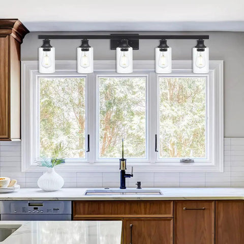 Farmhouse Style 5-Lights Vanity Sconce Set With Clear Glass Shades Black Metal Backplate Wall Lighting For Bathroom Hallway And Dining Room Dope Rustic Modern Fixture With Durable Construction in a kitchen setting