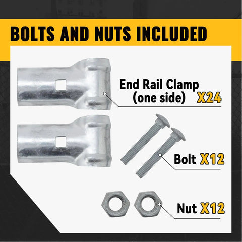 End Rail Clamps For 1-5/8 Inch Pipe Panel T Connector Chain Link Fittings Tough As Nails Galvanized Steel shown with bolts and nuts