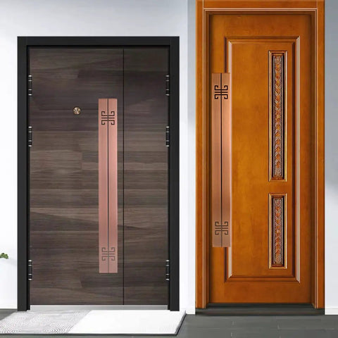 Sliding Barn Door Pull Handle For Glass Doors Black Aluminum Heavy Duty H Shape Bar Handle For Interior Exterior Use 120cm Length Or 80cm Center To Center Push Pull Function Rustproof Durable Commercial Grade on a dark wood door with decorative metal accents.
