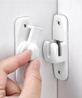 Matte White 90 And 180 Degree Barn Door Latch Zinc Alloy Flip Lock for cabinets, with hand demonstrating easy installation on door