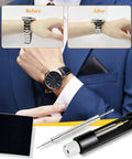 All In One Watch Link Repair Kit With Pin Remover And Double Ended Punch Includes Six Extra Pins Twenty Spring Bars Cleaning Cloth And Pro Grade Upgrade Tool For Fast Band Adjustments And Bracelet Repairs showing tools and cloth with before and after watch adjustments.