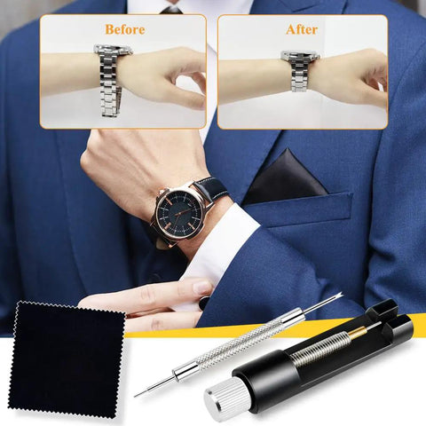 All In One Watch Link Repair Kit With Pin Remover And Double Ended Punch Includes Six Extra Pins Twenty Spring Bars Cleaning Cloth And Pro Grade Upgrade Tool For Fast Band Adjustments And Bracelet Repairs showing tools and cloth with before and after watch adjustments.