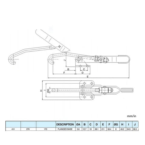 Technical diagram of J Hook Toggle Clamp 170kg Holding Capacity Galvanized Iron With Red Grip, dimensions in mm/inches