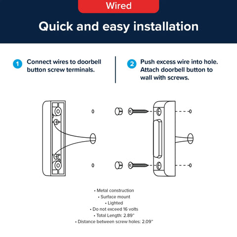 Wired Push Doorbell Button In Oil-Rubbed Bronze Metal Finish, Lighted Surface-Mount Outdoor Doorbell Button For Home Improvement, Weatherproof Low-Voltage Max 16V, Easy Install And Durable. Diagram shows 2.89" length and 2.09" screw spacing.