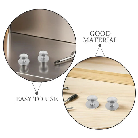 Removable Stainless Steel Cabinet Handles With Self Adhesive Backing No Drill No-Punch Stick-On Pulls For Sliding Glass Doors And Cabinets Easy Install Hardware For Living Spaces 5 Pack, two silver pulls on cabinet and wood surface