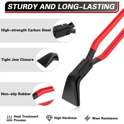 Front view of Amazon Jiimee 3-piece hand seamer set with red handles and 60mm jaws (straight, 45° and 90°).
