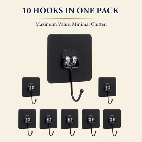 Black Self Adhesive Wall Hooks 10 Pack Heavy Duty Peel And Stick Mounting Brackets No Drill Hanging Rack No Sweat Slick Grip For Kitchen Bathroom Tile Wood Shelf Organizer Game Changer with a variety of black hooks.