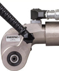 High Powered Hydraulic Torque Wrench With One Point Five Inch Square Drive Designed As A Shop Workhorse Featuring A Slim Unibody Profile And Swivel Arm That Demolishes Bolt Specs Like A Boss, shown with side view and handle.