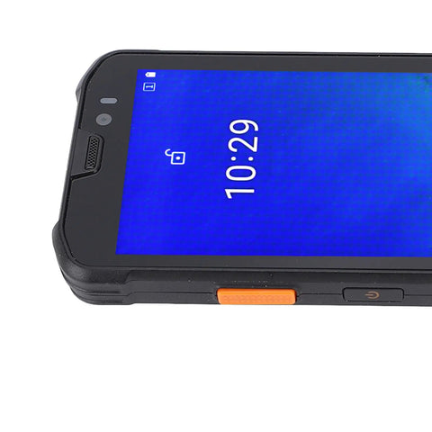 Top corner view of Tough-as-nails Wireless Barcode Scanner With IP65 Drop-Proof Build, showing LCD and buttons.