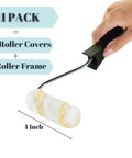 4 Inch Paint Roller Kit With 10 Roller Covers And Frame For DIY Home Painting Pros And Newbies Lightweight Reusable Durable And Easy To Clean Works With All Paints, showing a hand holding a 4-inch roller with a white cover.
