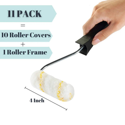 4 Inch Paint Roller Kit With 10 Roller Covers And Frame For DIY Home Painting Pros And Newbies Lightweight Reusable Durable And Easy To Clean Works With All Paints, showing a hand holding a 4-inch roller with a white cover.