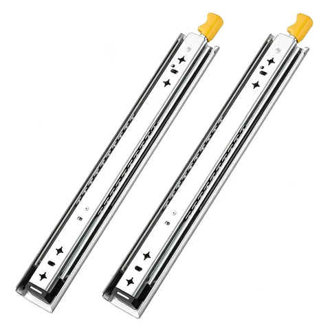 Full Extension Drawer Slides With Ball Bearings And Silky Smooth Glide Built Like A Tank For Heavy Duty Garage Storage Chests And 60 Inch Utility Drawers Featuring Cold Rolled Steel Side Mount Replacement Rails, pair shown from above.