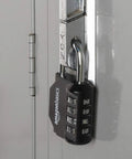 Four Digit Combination Lock Black Two Pack With Easy Read Side Window Durable Zinc Alloy Build 10,000 Codes For Luggage Gym Lockers Bikes And More Everyday, secured on a locker cabinet.