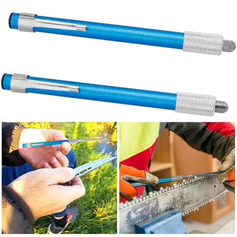 Two Pack Retractable Diamond Serrated Knife Sharpener For Kitchen Outdoor Cooking Camping Fishing And Hunting Grit Proof And Pocket Ready Kit, shown in blue, usable for sharpening knives and tools.