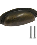 8 Pack 3.5 Inch Center Vintage Farmhouse Cup Pull Handles in Flat Bronze with screws for cabinets, dressers, drawers, and bins.