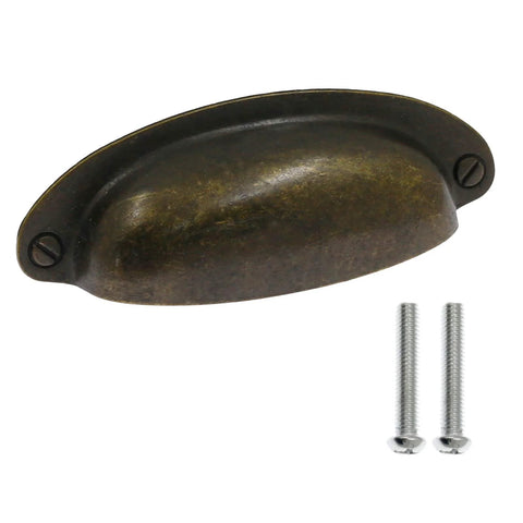 8 Pack 3.5 Inch Center Vintage Farmhouse Cup Pull Handles in Flat Bronze with screws for cabinets, dressers, drawers, and bins.