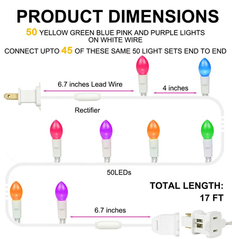 Dope Easter String Lights 50 LEDs, 17 Foot Multi Color Pastel Glow on White Wire, illustrating dimensions and plug details