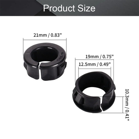 Open Snap Bushing 19mm Black Nylon Cable Hose Grommet Protector with dimensions in millimeters