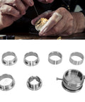 Stainless Steel Watch Movement Base Holder Kit with Precision Adjustment Tool and rings for secure clamping.