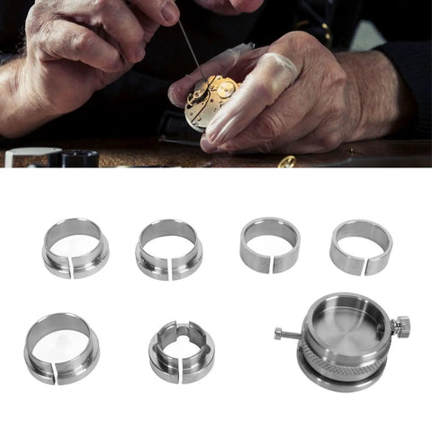 Stainless Steel Watch Movement Base Holder Kit with Precision Adjustment Tool and rings for secure clamping.