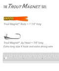 Size comparison of Trout Magnet body and jig head from the Neon 82 Piece Fishing Kit With Grub Bodies And Hooks For Freshwater Angling, All In One Tackle Set That Outfish Anything Catches Trout Panfish Bass Crappie And More, Includes 70 Grub Bodies And 12 Size 8 Hooks In Orange Green White Silver, shown with a ruler.