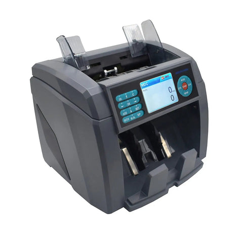 Boss Level Money Counter Machine For Mixed Bank Bills CIS Optical Sensor Filters Fakes with a digital display and dual hoppers.