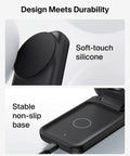 Soft-touch silicone and non-slip base of 3 In 1 MagSafe Qi2.2 25W Magnetic Wireless Charger Dock With Foldable Charging Stand For iPhone 17 16 15 Apple Watch AirPods Pixel 10 Includes 45W Adapter.
