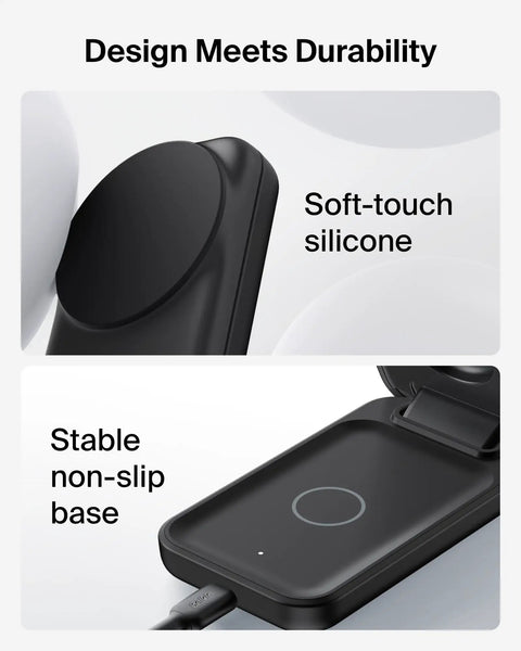 Soft-touch silicone and non-slip base of 3 In 1 MagSafe Qi2.2 25W Magnetic Wireless Charger Dock With Foldable Charging Stand For iPhone 17 16 15 Apple Watch AirPods Pixel 10 Includes 45W Adapter.