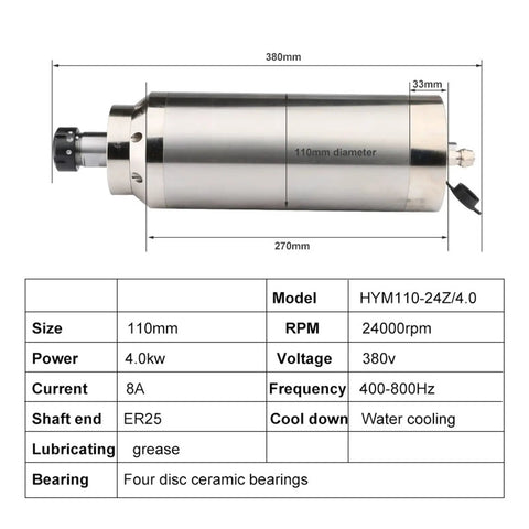 Water Cooled CNC Spindle 4.0KW 24000 RPM ER25 Four Bearings Setup, Quiet Heat Dissipation System, cylindrical design
