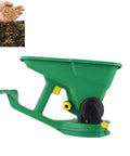 Green handheld grass seed spreader and fertilizer spreader for lawn and garden use, 1.5L capacity with quiet crank.