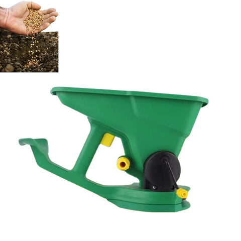 Green handheld grass seed spreader and fertilizer spreader for lawn and garden use, 1.5L capacity with quiet crank.