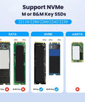 Image showing different SSD types: SATA, NVMe, and mSATA with pin configurations and compatibility details for the Dual Bay M.2 NVMe SSD Cloner Dock and Enclosure With USB 3.2 Gen 2X2 Boasting 20gbps Speeds For Dead Simple Offline Cloning And Quick One Click SSD Swaps Plug Straight In Ditch The PC.