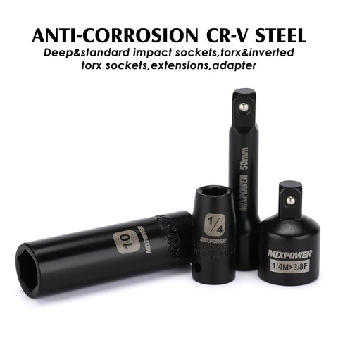Pro Grade One Quarter Inch Drive Impact Socket Set with extensions and adapters in CRMO steel and CR-V anti-corrosion finish.