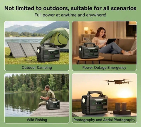 Collage showing Ultra Lightweight Solar Generator 155Wh Kit With 30W Panel used in camping, home, fishing, and photography.
