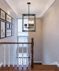 Five Light Farmhouse Chandelier in Black Finish With Adjustable Height Cage Pendant Lighting For Dining Room Rustic Industrial Kitchen Island Ceiling Lamp With Metal Art Shade hanging in hallway