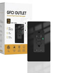 Sleek Black GFCI Outlet 15 Amp GFI Electrical Receptacle with ETL listing, shown with packaging, ideal for kitchen and bathroom use.