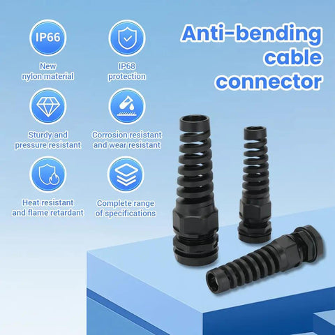 Beefed Up M16 Strain Relief Cord Connector With PA66 Nylon Gland, Rugged Spiral Cable Grip For Five To Ten Millimeter Wires, IP69 Waterproof Cable Clamp With Gaskets And Locknut, Black, shown upright and angled