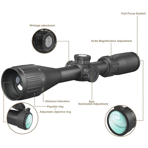 Springer Air Rifle Scope 3 To 9X40 AO With Illuminated Mil Dot Reticle, showing adjustments and fast focus eyebell
