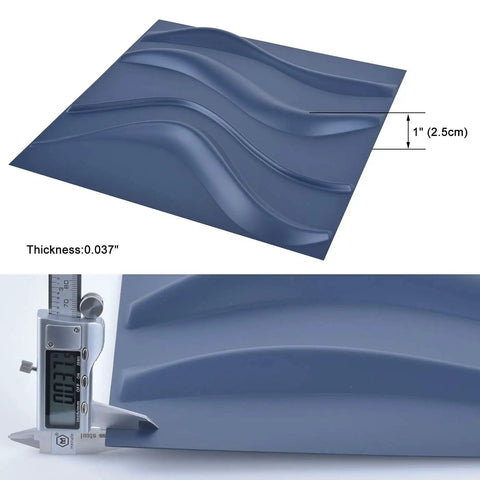Navy Blue 3D Wall Panels PVC Slim Wave Covers For Interior Decor, Waterproof And Fire Resistant, close-up showing thickness 0.037 inches