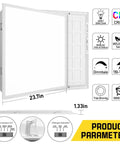 Diagram of 2x2 LED Flat Panel Light with 5CCT Adjustable Color Temperature and product parameters.