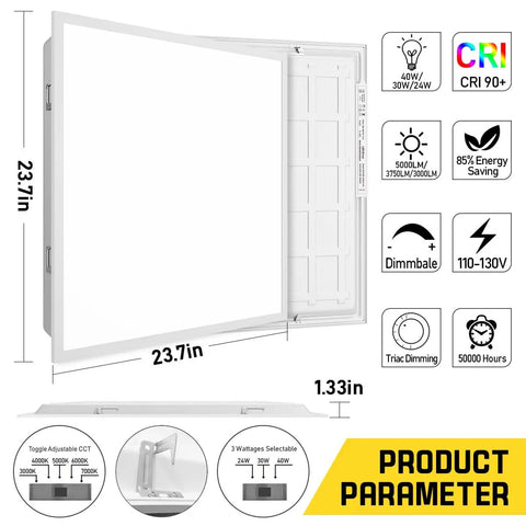 Diagram of 2x2 LED Flat Panel Light with 5CCT Adjustable Color Temperature and product parameters.