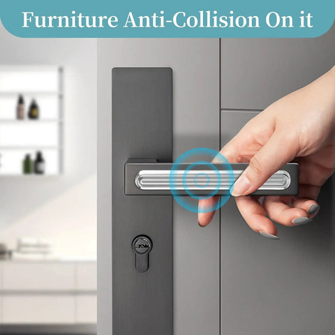 Straight Up Tough Clear Rubber Wall Saver Pads 12 Piece Kit on furniture door handle, showcasing anti-collision design.