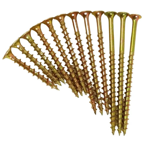 Two Pack Size 8 Wood Screws Set With Phillips Drive Bugle Head Yellow Zinc Carbon Steel For DIY Woodworking Projects, Quick Strong Joints, Great For Furniture Repair, Decks, And Hobby Builds. Fan of yellow zinc size 8 wood screws with Phillips bugle heads.