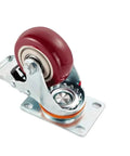 Four Inch Heavy Duty Stem Casters With Ultra Quiet 360 Swivel Roll And Rock Solid Locking Brakes Smooth Operator Standard metal caster wheel with red rubber tire.